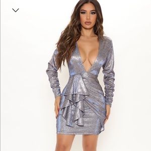FASHION NOVA ENDLESS CHAMPAGNE/BLUE METALLIC MINI DRESS NEW WITH TAGS SIZE XL